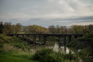 A view of a railway bridge over the Qu'Appelle River along the Lumsden Trail in Saskatchewan, Canada