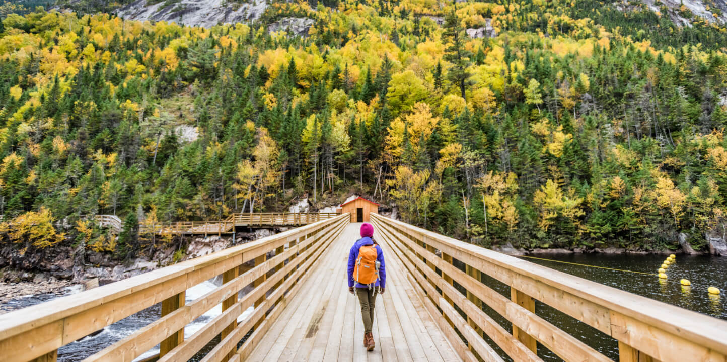 Woman walking down wooden bridge towards forest