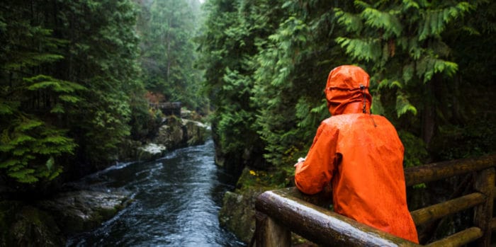 Person in orange hooded jacket overlooking river in forest