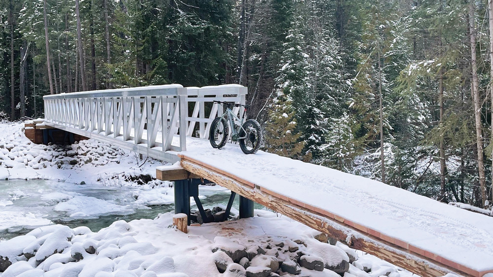 A foot bridge in winter time, in a forest, over a creek, in winter