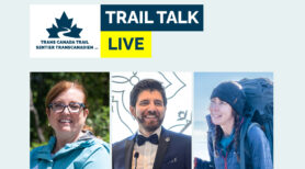 Trail Talk Live, with pictures of Eleanor McMahon, Tareq Hadhad, and Melanie Vogel. Parlons Sentier en direct, avec des photos d'Eleanor McMahon, Tareq Hadhad et Melanie Vogel.
