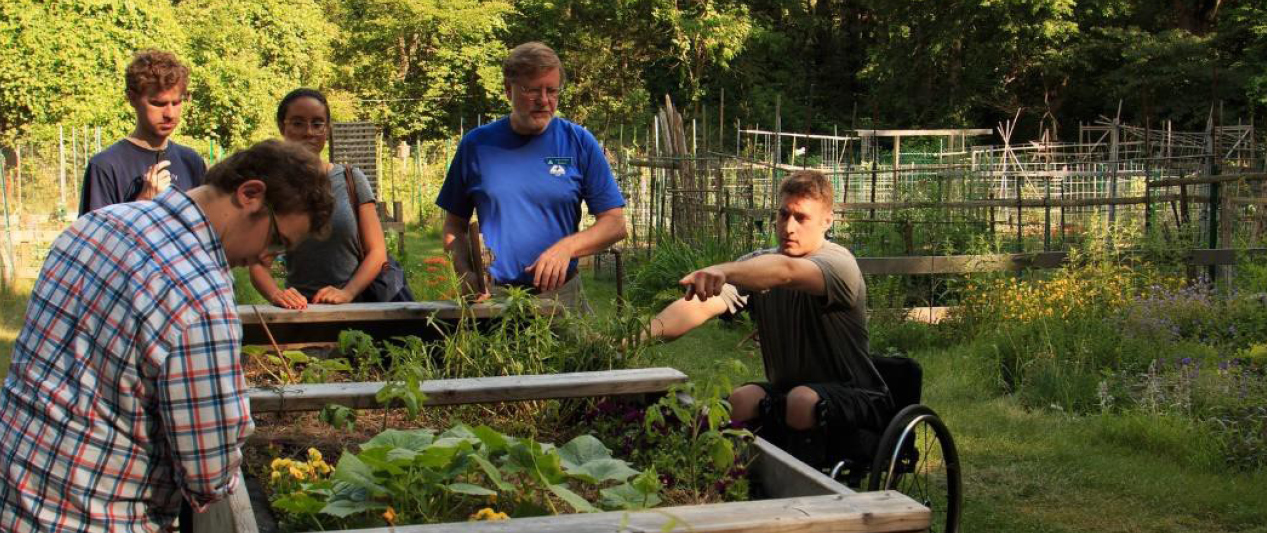 A group of five people surrounding a raised garden bed