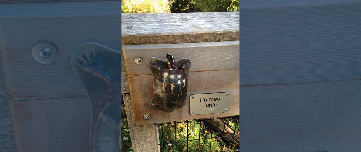 A sculpture turtle attached to a wooden sign