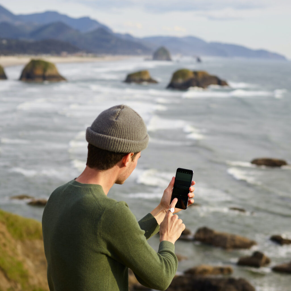 An adult wearing a green top taking a photo of the ocean and rocks