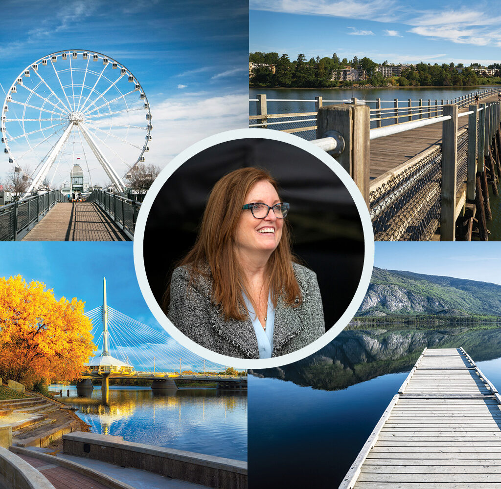 An image of Eleanor McMahon, President & CEO, Trans Canada Trail. Her photo is surrounded by four different photos of locations across Canada