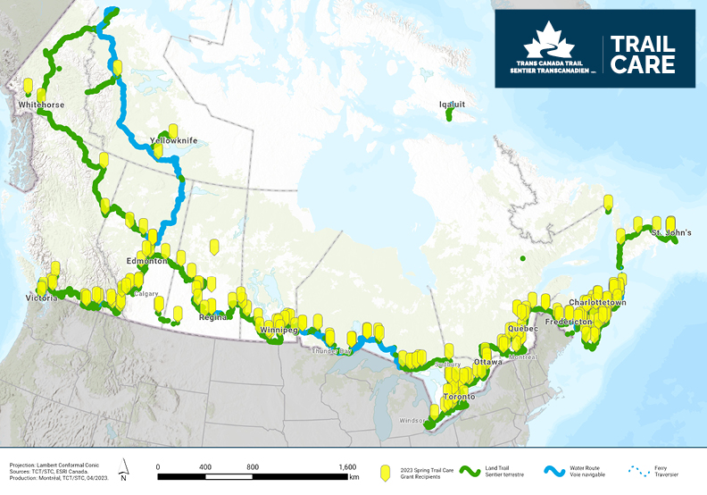 A map of Canada with a legend showing the 2023 Spring Trail Care Grant Recipients 