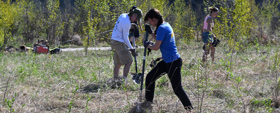 Volunteers tree planting along the Bow River at the Town of Cochrance, Alberta Trail Care Event