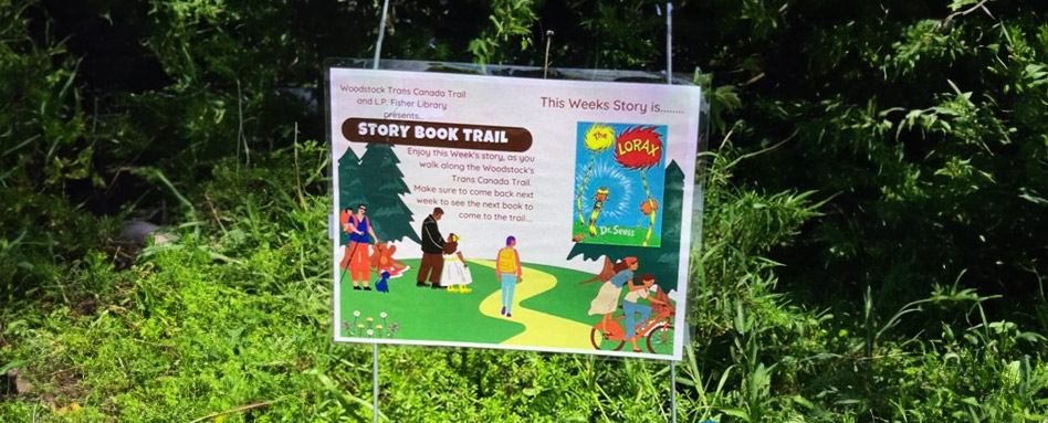 A Storybook trail poster on the Woodstock Trans Canada Trail in New Brunswick featuring The Lorax story