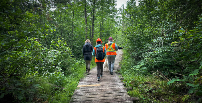 Three trail volunteers walking along a wooden trail