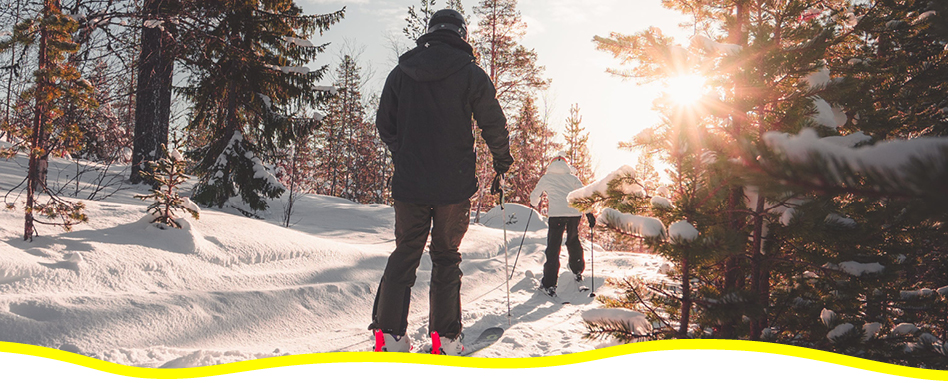 Two people cross-country skiing on a Trail in the winter, with the sun shining on them. Deux personnes font du ski de fond sur une piste en hiver, sous le soleil.