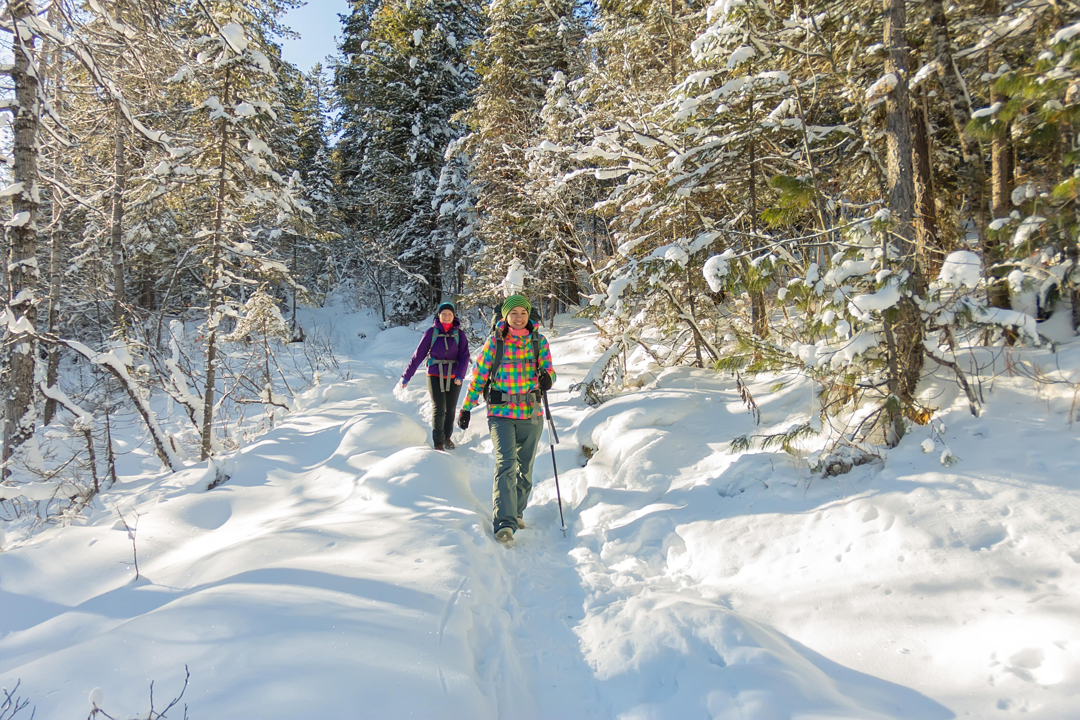 Two individuals stroll through a snowy landscape along the Trans Canada Trail, surrounded by winter scenery. Deux individus se promènent dans un paysage enneigé le long du sentier Transcanadien, entourés d'un paysage hivernal.