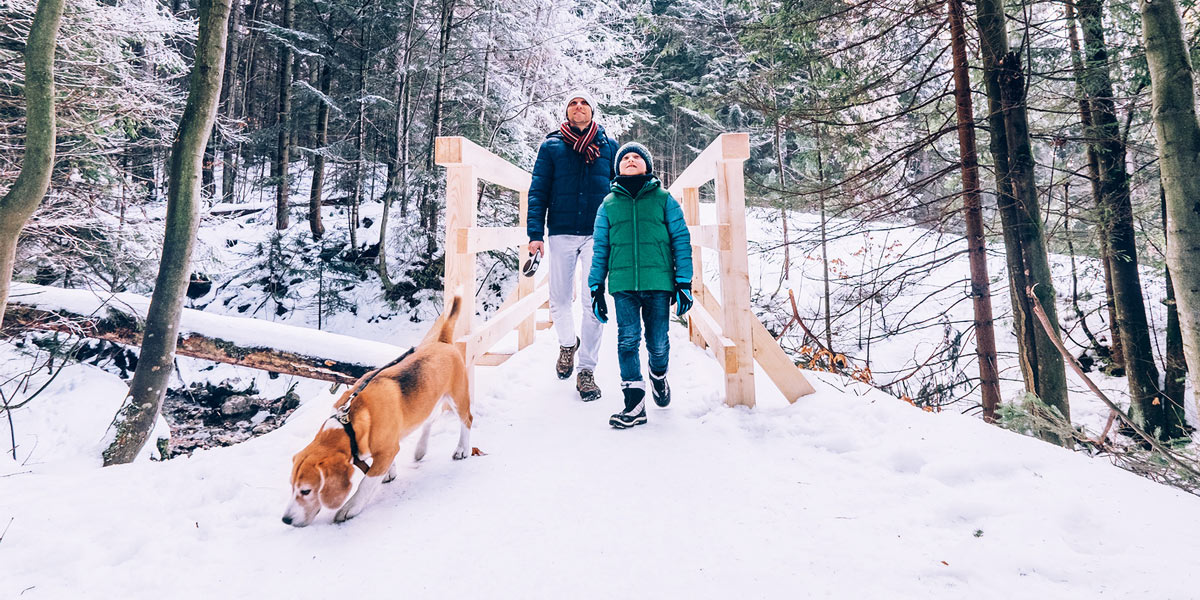 Two people stroll across a snow-covered bridge, embracing the beauty of winter adventures together. Deux personnes se promènent sur un pont couvert de neige, savourant ensemble la beauté des aventures hivernales.