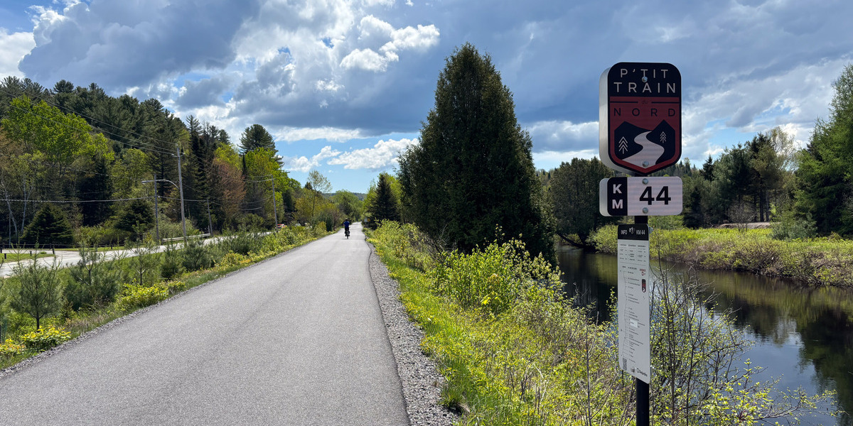 paved road and trees with trail marker sign