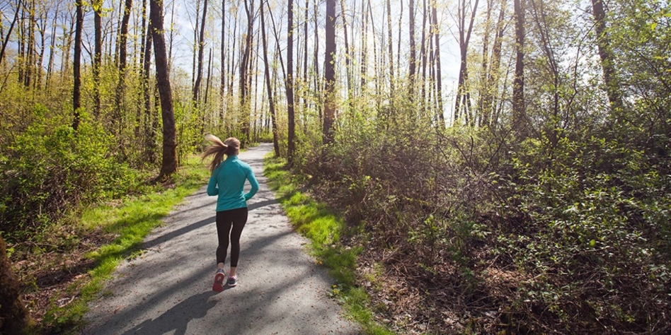 A person running through a forest on the Pitt River Regional Greenway in BC.