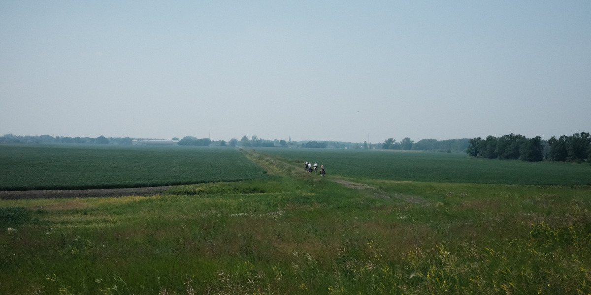 Group of cyclists riding on a trail surrounded by green fields