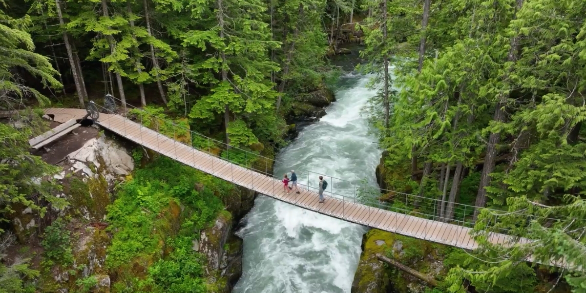 Three people walk across a wooden suspension bridge spanning a running river with lush forest on either side.