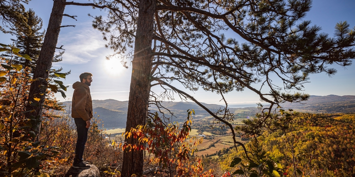 man staring out at hills below him on a sunny day