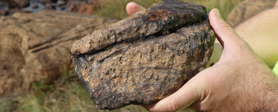 A close-up view of a large rock, with someone's hands holding it on the right-hand hide.