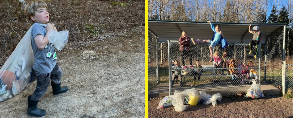children holding trash bags in a park