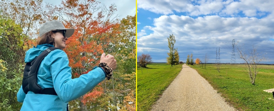 woman walking on long trail with fall foliage