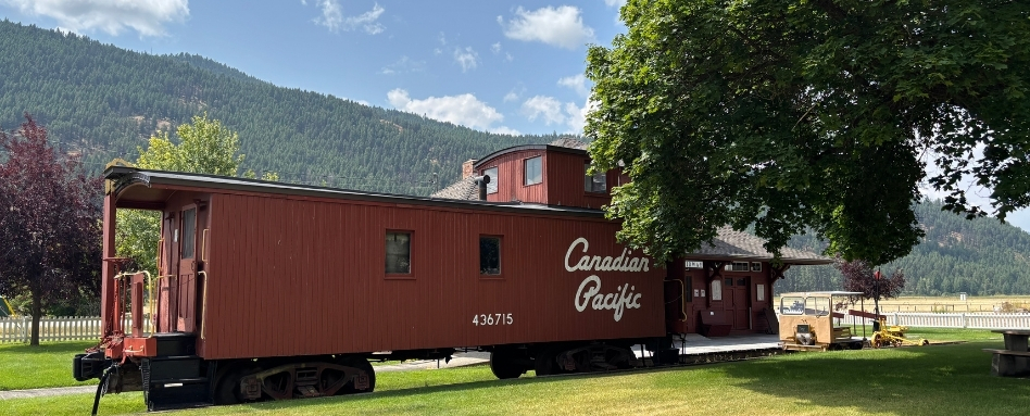 locomotive with "Canadian Pacific" branding on the side in a field on a sunny day