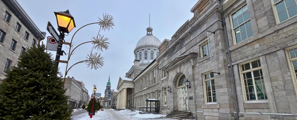 historic buildings on snowy day