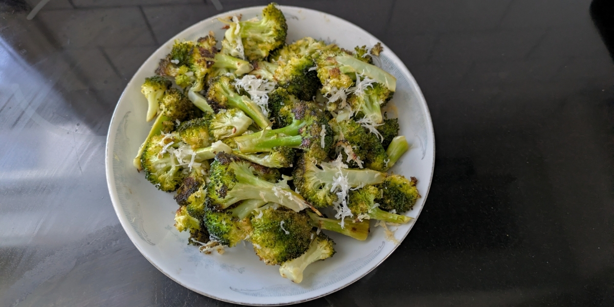 A bowl of roasted broccoli