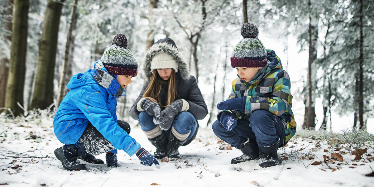 Kids observing animal tracks on snow in winter forest | Trans Canada Trail Three children crouching down and looking at something on the ground. The ground is covered in snow and the children are wearing blue winter suits.