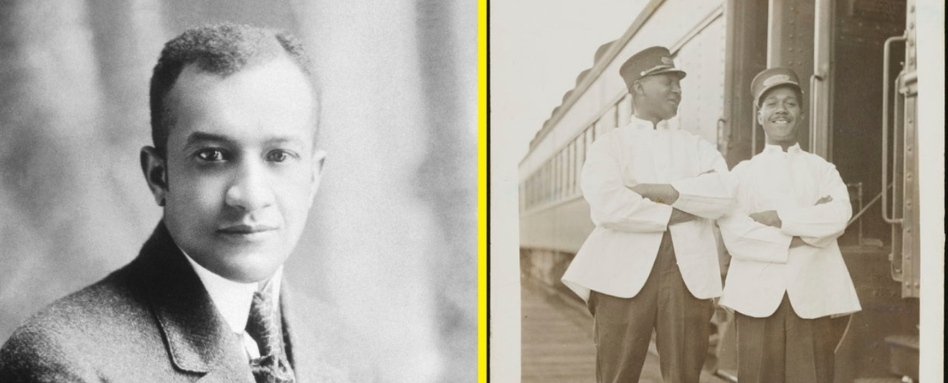01Support image_Credit Left - Archives of Manitoba - Right - Library and Archives Canada | Sentier Transcanadien Left: portrait of John Robinson. A black and white photograph of a man looking at the camera from shoulders up. Right: A black and white photograph of two men dressed in train car porter uniforms, smiling next to a train