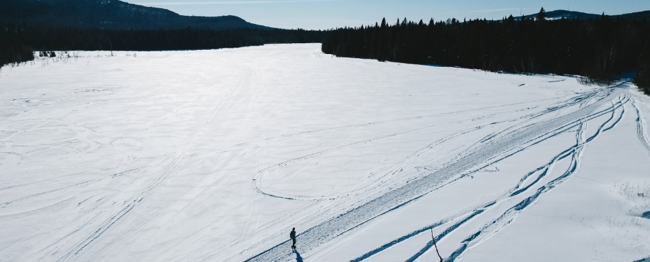 birdseye of a snowy lake and forest