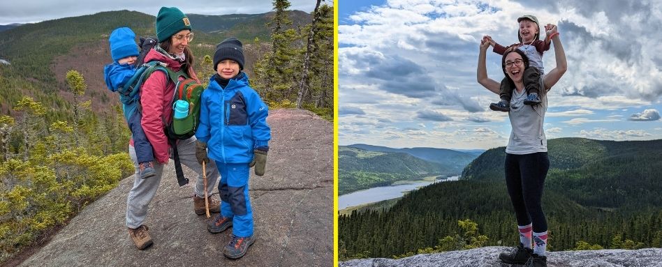 02Support image_QC_Web story_Famille en Charlevoix_credit Naomie Veillette - ActivMom | Trans Canada Trail Left: a mom and two kids smiling at the camera. Right: a mom with a baby on her shoulders smiling at the top of a summit.
