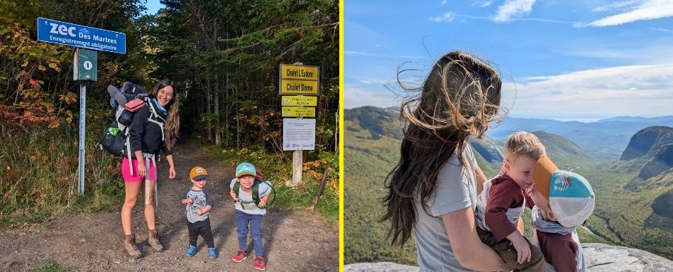 03Support image_QC_Web story_Famille en Charlevoix_credit Naomie Veillette - ActiveMom | Trans Canada Trail Left: A mother and her young children at a trailhead, smiling at the camera. Right: A mother holds a younger child in her lap while an older child kisses his cheek.