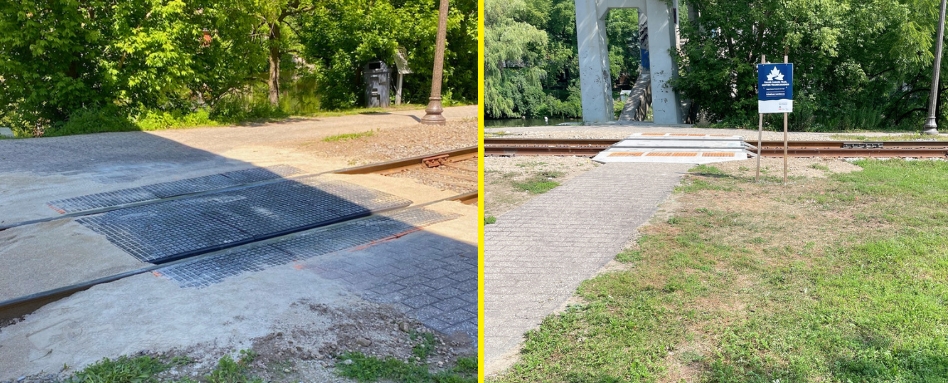 Left: an unsafe rail crossing. Right: a repaired accessible rail crossing