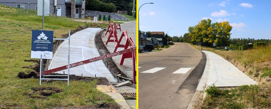 Left: a paved trail under construction. Right: an accessible crosswalk on a quiet street.