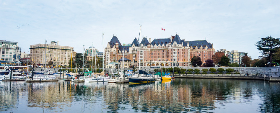 BC - City of Victoria - November 2022 | Trans Canada Trail large victorian hotel waterfront in boat harbour