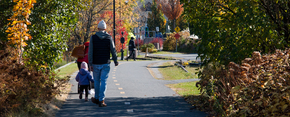 people walking on bike trail with fall foliage