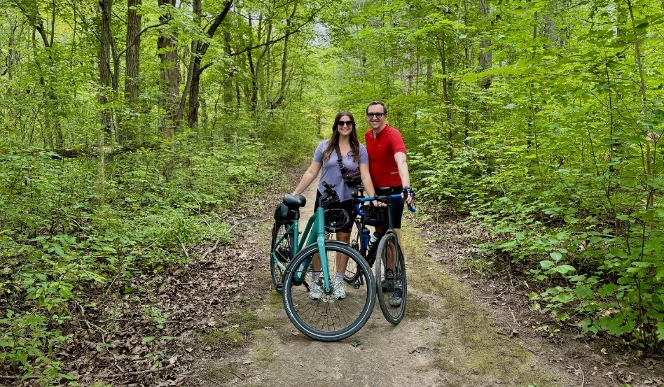04Support image_ON_Bri Mitchell biking in ON-near the Walter Bean Grand River Trail_credit Bri Mitchell cannot reuse | Trans Canada Trail man and woman posing with bikes