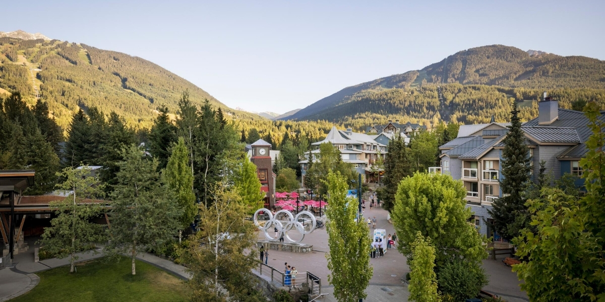 00Feature Image_Whistler Museum story_credit Destination BC-Justa Jeskova | Trans Canada Trail birdseye view of olympic village with village buildings and roaming hills