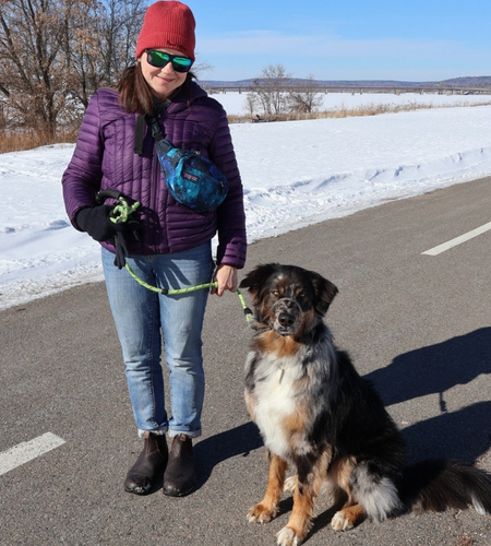 03Support image_Debbie Perry and dog_credit Cathy Donaldson | Trans Canada Trail woman walks with dog on a snowy day
