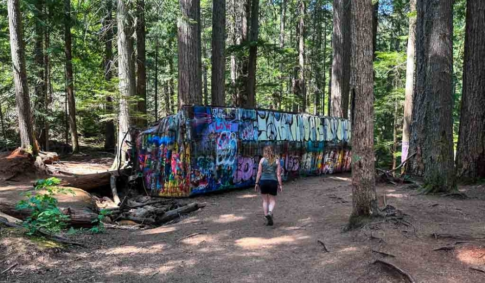 04Support image_Whistler Museum_alternate_Trainwreck_credit Taryn Eyton | Trans Canada Trail woman walking around forest train wreck