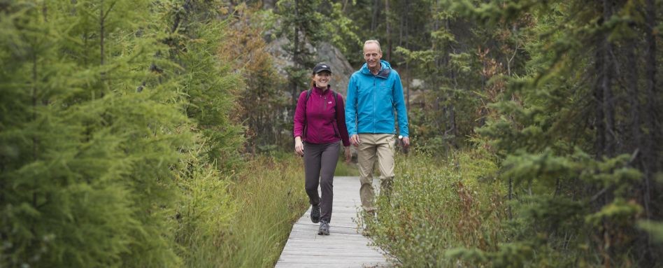 two people walking on a boardwalk pathway in forest area