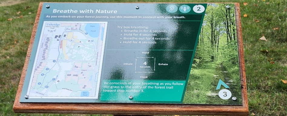 02Support image_Trail Care 2025_credit Uxbridge Trails Committee | Sentier Transcanadien An informational panel on a Forest Therapy Trail. It reds "Breathe with Nature."