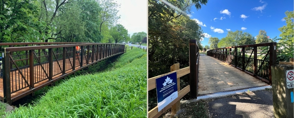 Wooden pedestrian bridge with metal railing spans over a grassy ditch in a park, shown from a low-angle side view (left image).