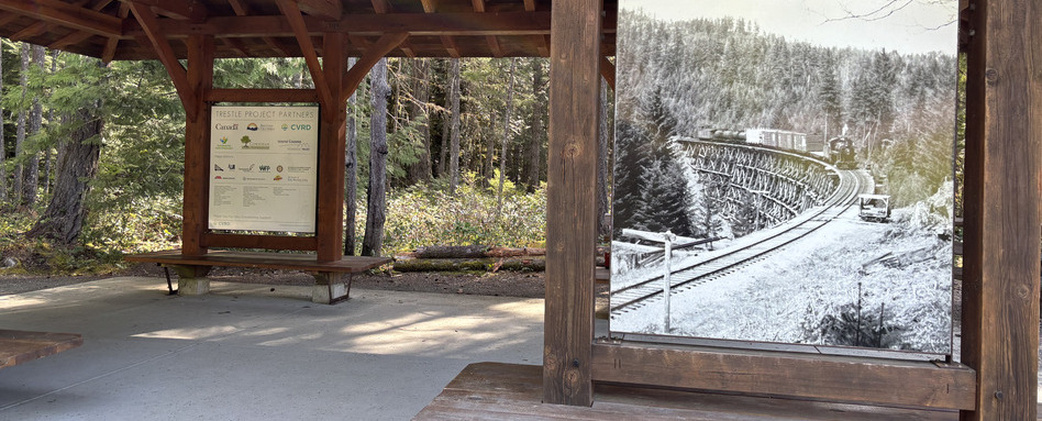 05Support image_Kinsol Trestle story_credit Amy Schwartz | Trans Canada Trail trail signage under covered wooden area