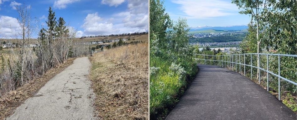 Split-image: left: dry, cracked walking path through sparse trees; right: paved, railing-lined path with valley view and distant mountains.