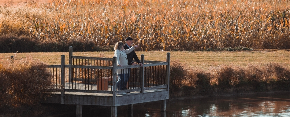 06Support image_ON_TWEPI article_John Miner birding_credit Tourism Windsor Essex Pelee Island | Trans Canada Trail two people standing on wooden pavillion on water with fields behind