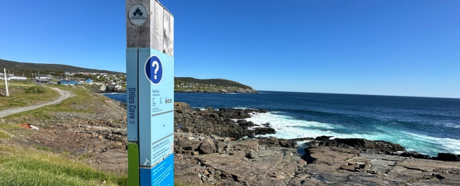 01Support image_NL_web story_East Coast Trail_Stiles Cove_credit Taryn Eyton | Trans Canada Trail A rocky beach and ocean. In the foreground, a sign reading Stiles Cove Path is in the middle of the frame.