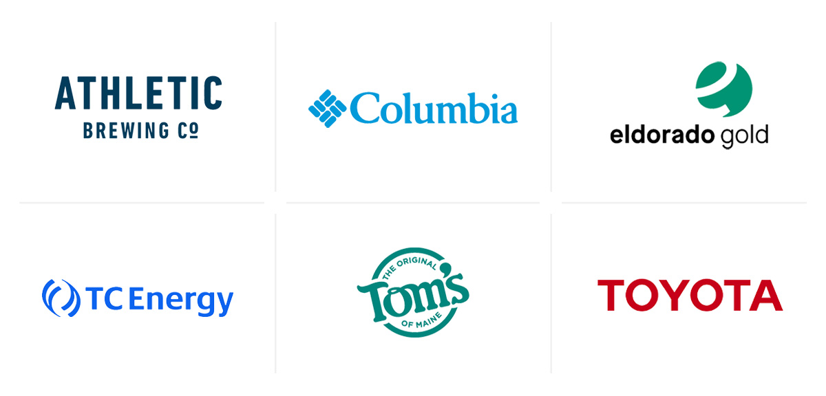 Grid of six company logos: Athletic Brewing Co, Columbia, Eldorado Gold, TC Energy, Tom's of Maine, Toyota.