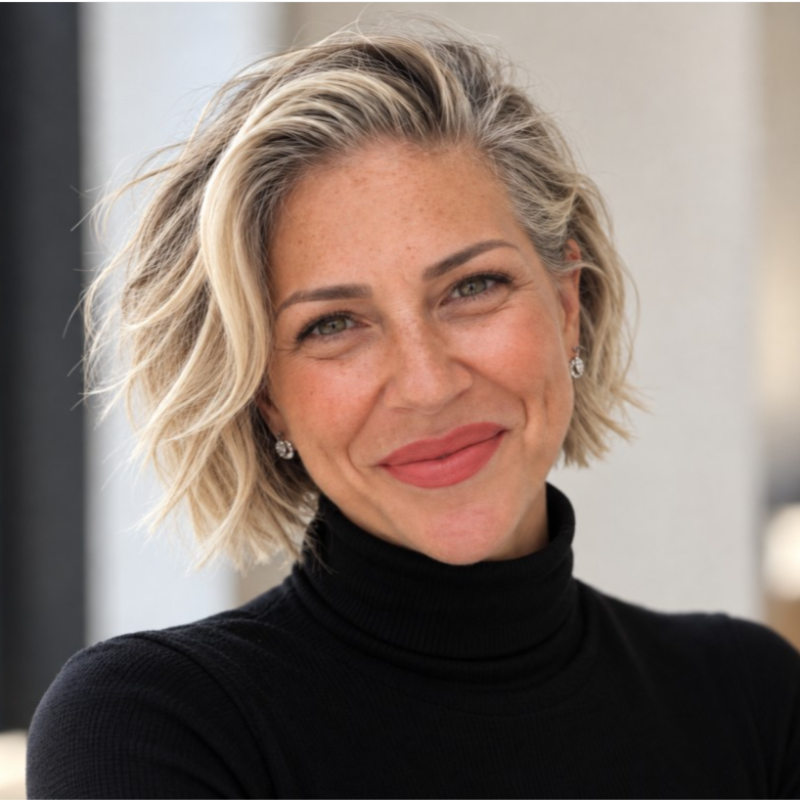 Portrait of a smiling woman with short blonde hair in a black turtleneck sweater, looking at the camera.